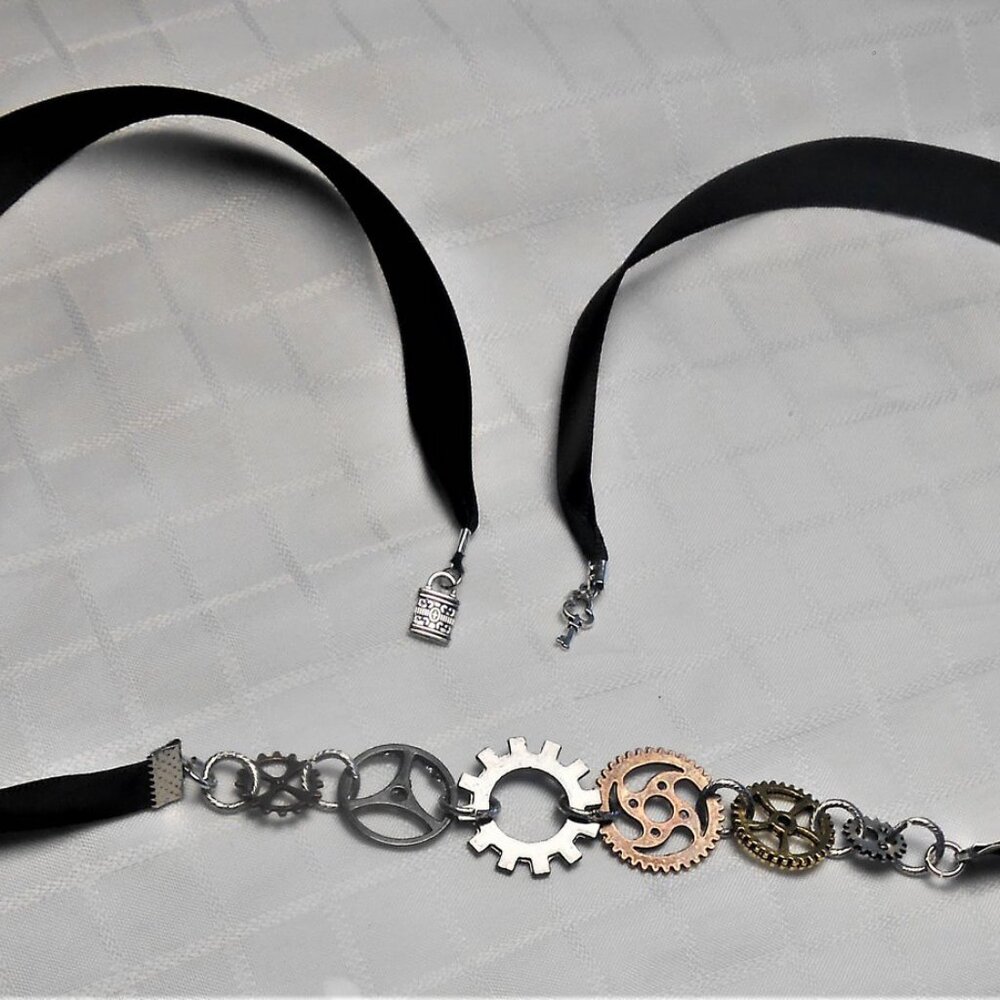 No. 472 Handmade ribbons necklace with metal gear pieces